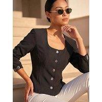 Roman Petite Scoop Neck Buttoned Jacket - Black