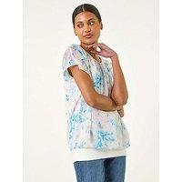 Roman Floral Print Bubble Hem Top - Blue