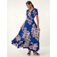 Roman Leaf Print Shirred Maxi Dress - Blue
