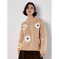 Apricot Embroidered Pure Daisies Jumper - Beige