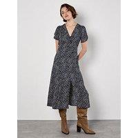 Apricot Tie Front Animal Mono Print Dress - Navy