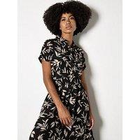 Apricot Textured Mono Leaf Shirt Midi Dress - Black