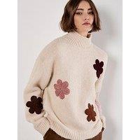 Apricot Embroidered Flower Mock Neck Jumper