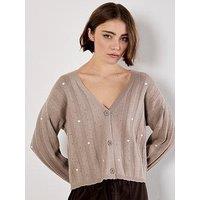 Apricot Embroider Heart Pointelle Cardi - Brown