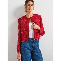 Mango Tweed Jacket With Frayed Ends - Red
