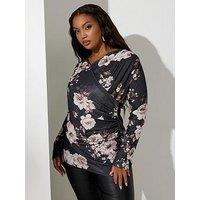 Yours Curve Floral Wrap Top - Black