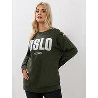 Yours Curve Oslo Button Crew Neck Sweatshirt - Green