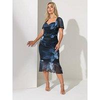 Yours Curve Gathered Sweetheart Neck Dress - Blue