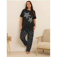 Yours Curve Starry Night Wide Leg Pj Set - Black