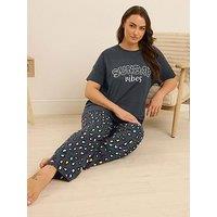 Yours Curve Sunday Vibes Wide Leg Pj Set - Blue