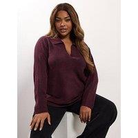 Yours Curve Collar V Neck Jumper - Purple