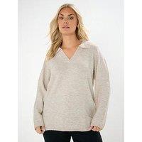 Yours Curve Collar V Neck Jumper - Natural