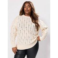 Yours Curve Cable Knit Crew Neck Jumper - Ivory