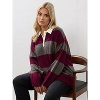 Yours Curve Rugby Collar Stripe Jumper - Red