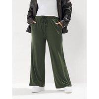 Yours Curve Wide Leg Ribbed Pull On Trouser - Green