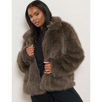 Yours Curve Faux Fur Collared Jacket - Brown