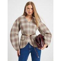 River Island Belted Check Cocoon Sleeve Blazer - Brown
