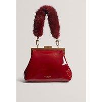 Ted Baker Leather Patent Faux Fur Handle Clutch Bag - Red