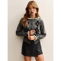 New Look Grey Argyle Print Knit Frill Collar Cardigan