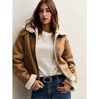 New Look Faux Suede Cropped Aviator Jacket - Brown
