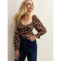 New Look Brown Polka Dot Long Sleeve Milkmaid Top