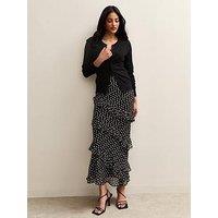 New Look Black Chiffon Polka Dot Ruffle Trimmed Midi Skirt