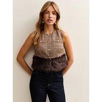 New Look Brown Check Faux Fur Trim Waistcoat