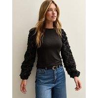 New Look Black Rose Appliqued Sleeve Top - Black