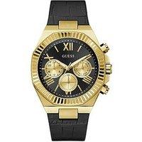 Guess Gents Gold Tone Watch With Black And Gold Dial And Black Croco Leather Strap