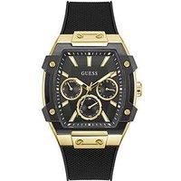 Guess Gents Gold Tone Watch With Black Dial And Black Silicone Strap