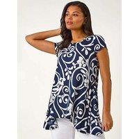 Roman Floral Print Hanky Hem Tunic Top - Navy