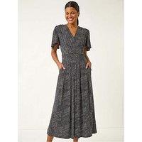 Roman Spot V-Neck Midi Wrap Dress - Black