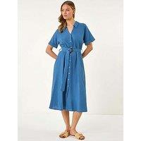 Roman Linen Look Belted Shirt Dress - Blue