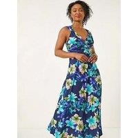 Roman Petite Floral Twist Maxi Dress - Navy