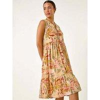 Roman Leaf Print Lace Detail Smock Dress - Peach