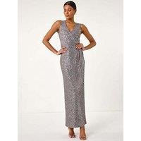 Roman Sequin Side Twist Wrap Maxi Dress - Grey