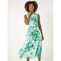 Roman Floral Pleated Neck Midi Dress - Green