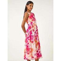 Roman Floral Pleated Neck Midi Dress - Pink