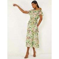 Roman Floral Bardot Midi Dress - Mint