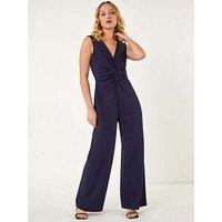 Roman Dusk V-Neck Front Knot Jumpsuit - Navy