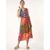Roman Tropical Print Button Through Midi Dress - Orange
