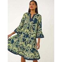 Roman Palm Print V-Neck Tiered Dress - Navy