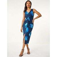 Roman Floral Twist Front Midi Dress - Navy