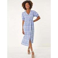 Roman Check Button Midi Dress - Blue