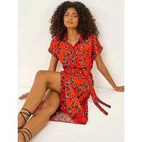 Roman Dusk Animal Print Midi Shirt Dress - Red