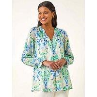 Roman Printed Metallic Button Blouse - Blue