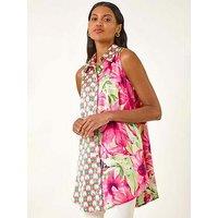 Roman Abstract Floral Print Longline Shirt - Pink