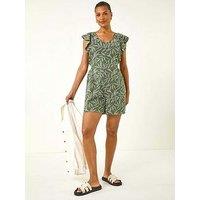 Roman Leaf Print Linen Mix Playsuit - Khaki