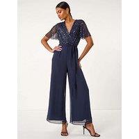 Roman Embellished Beaded V-Neck Jumpsuit - Navy