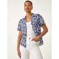 Roman Ikat Print Linen Mix Shirt - Navy